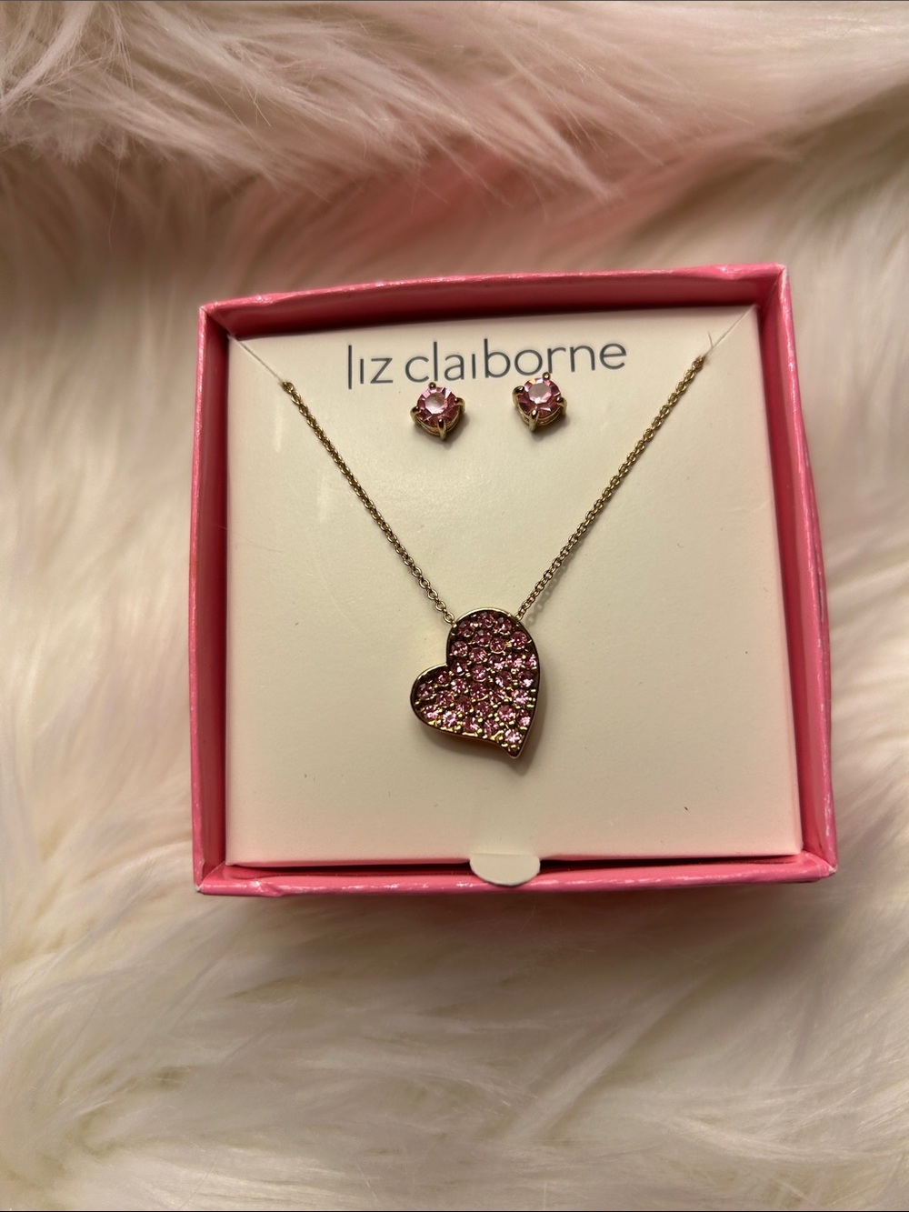 Liz Claiborne Gold-Tone Heart Pendant with Pink Crystal Accents